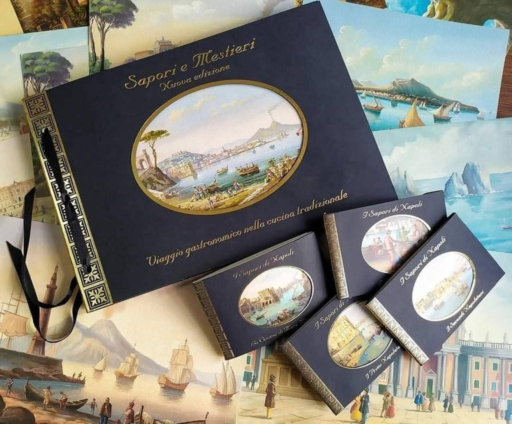 Album Sapori e Mestieri e volumetti I Sapori di Napoli di Edizioni Savarese, stampa in oro su blu